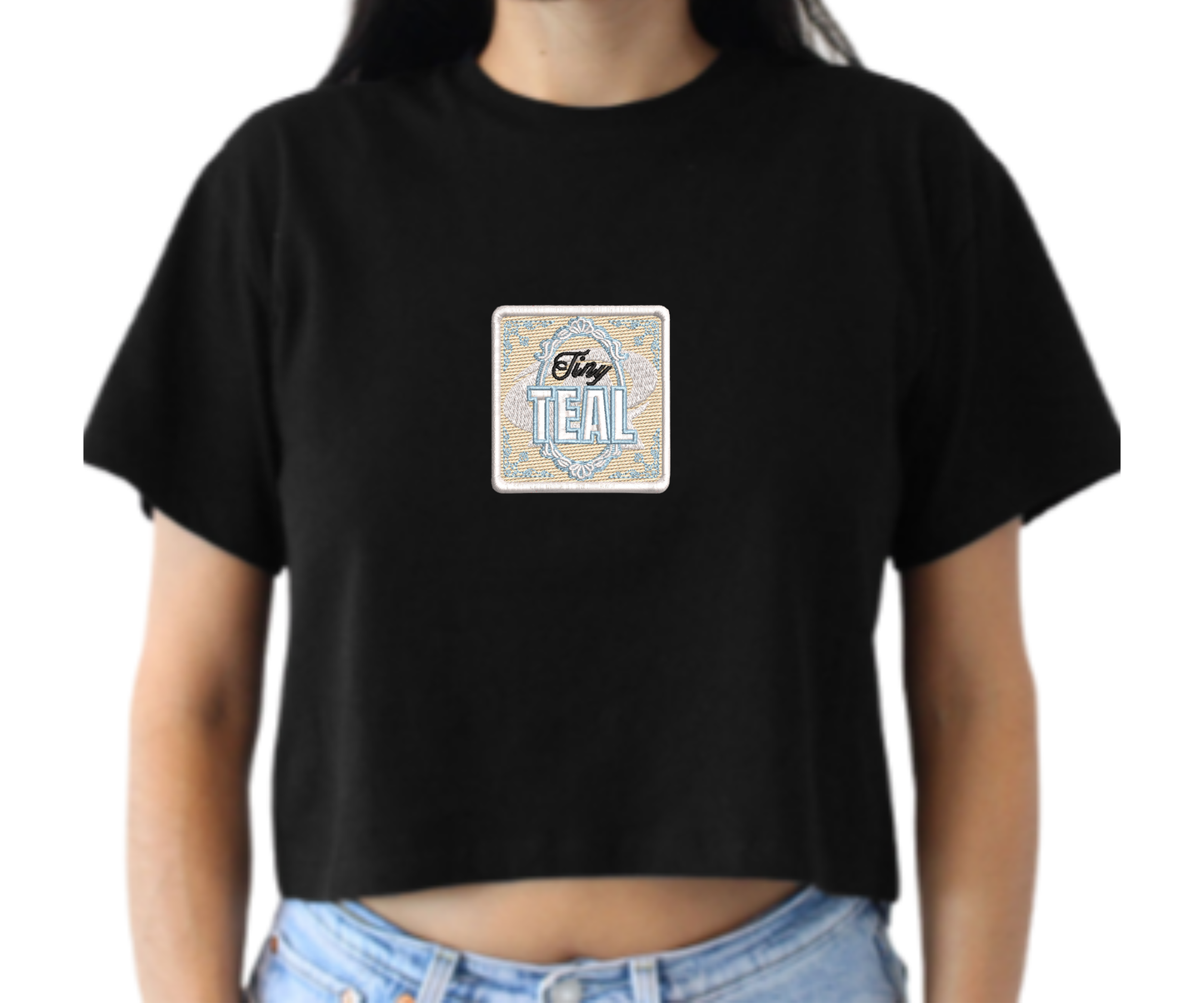 Embroidered Tiny Teal Crop Top