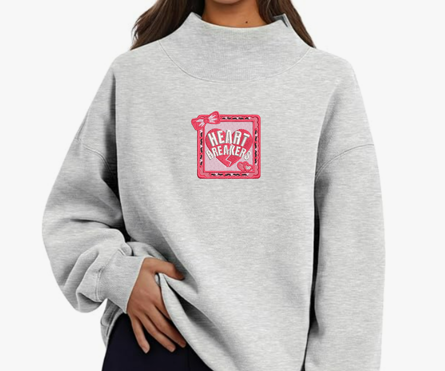 Embroidered Heart Breakers Mock Neck