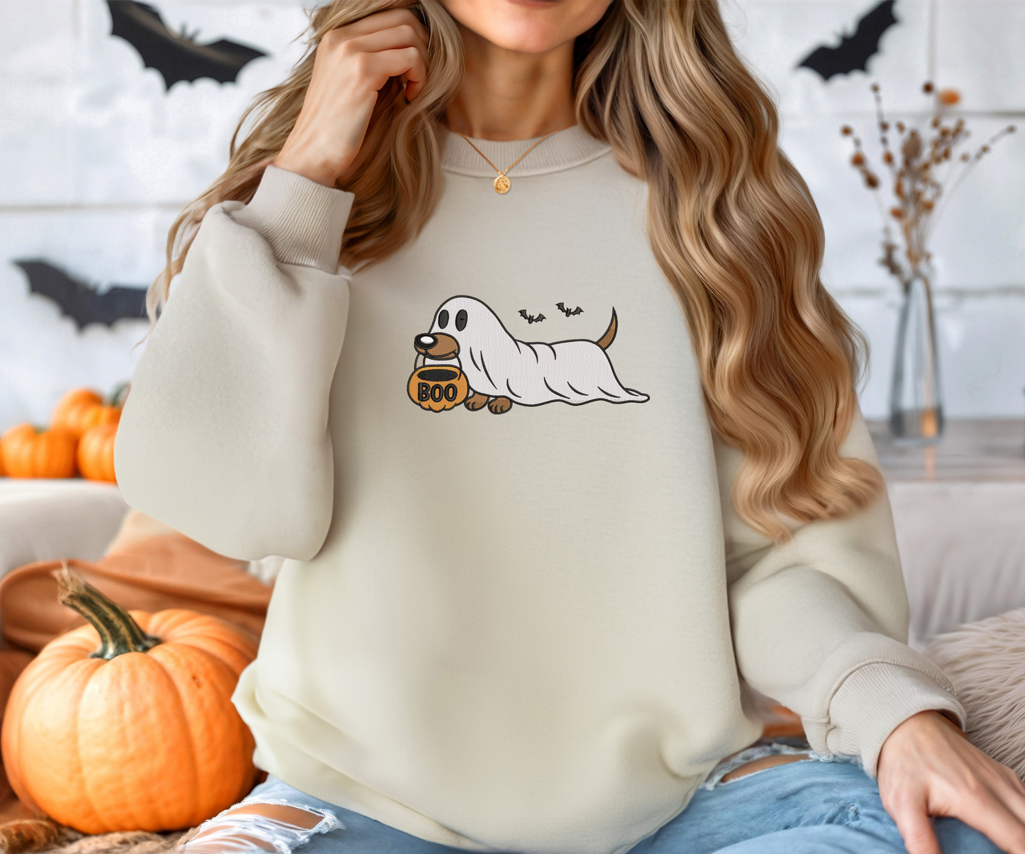 Embroidered Dachshund Ghost Crewneck