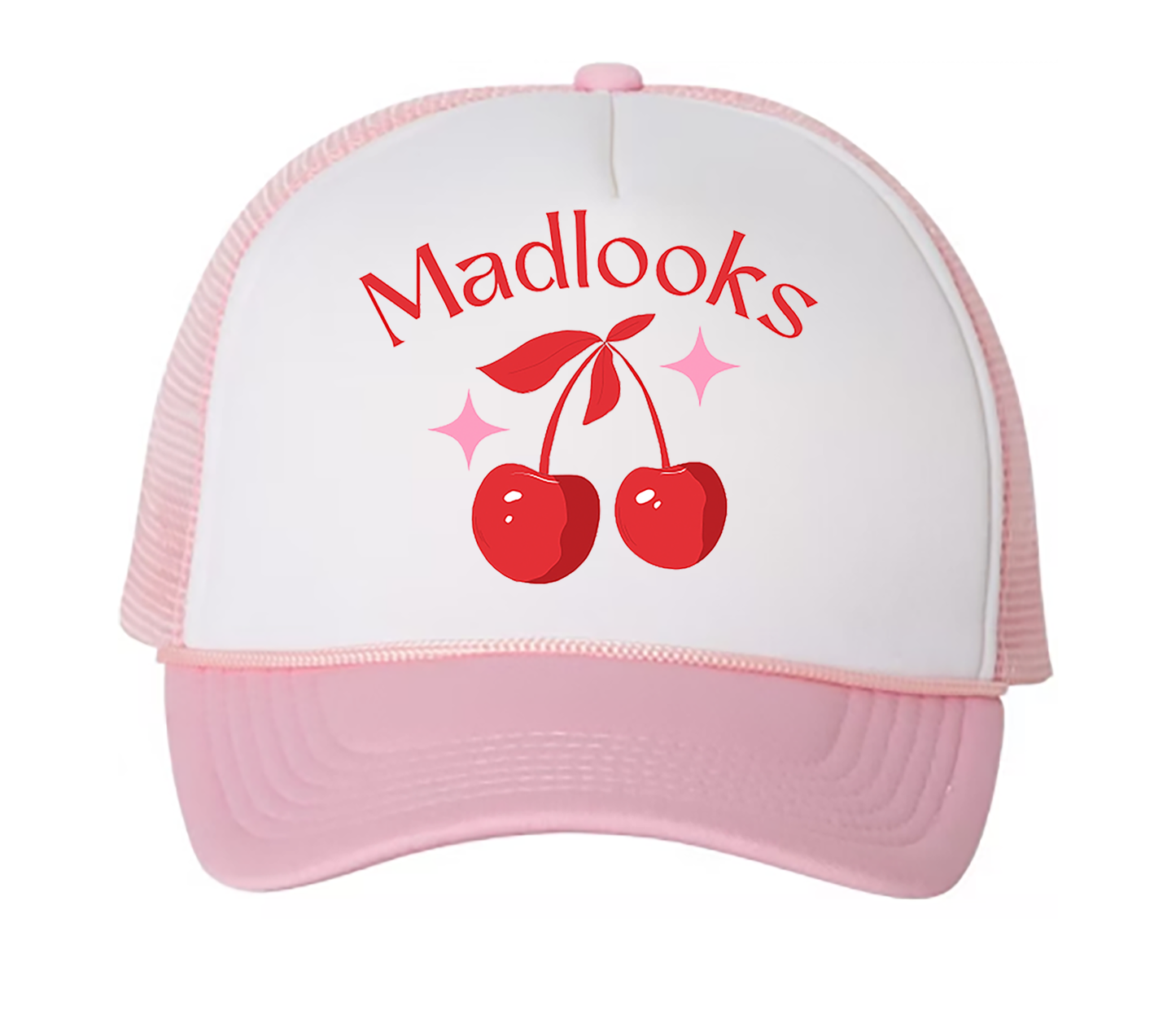 Madlooks Pink Cherry Puff Print Trucker Hat
