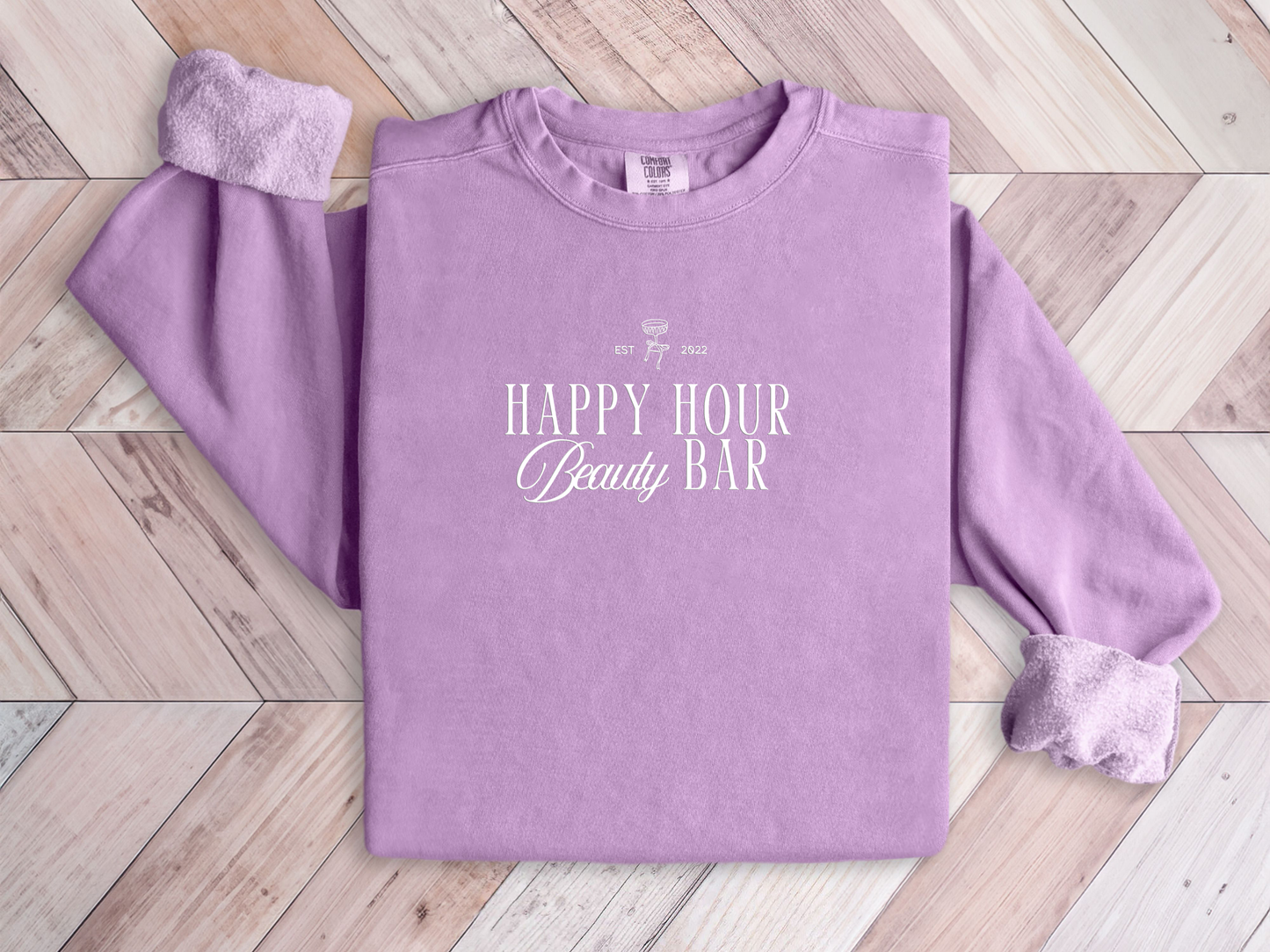 Embroidered/Puff Print Happy Hour crewneck
