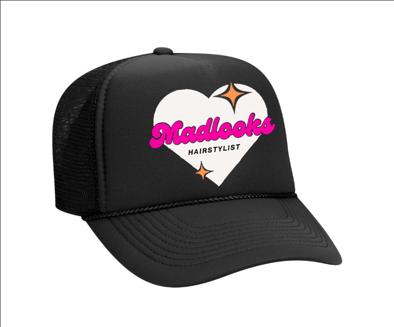 Madlooks Black Heart Puff Print Trucker Hat