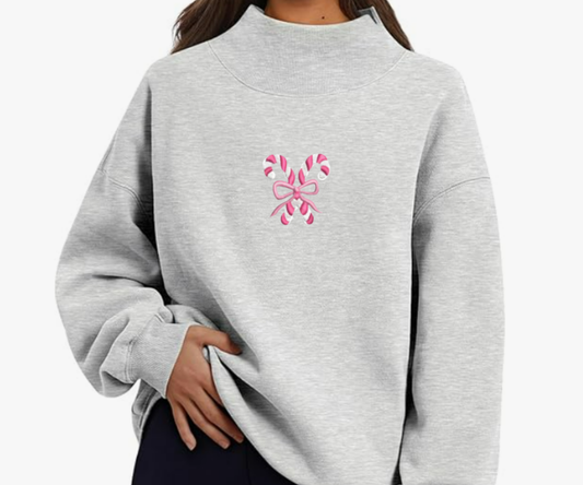 Embroidered Candy Cane Mock Neck
