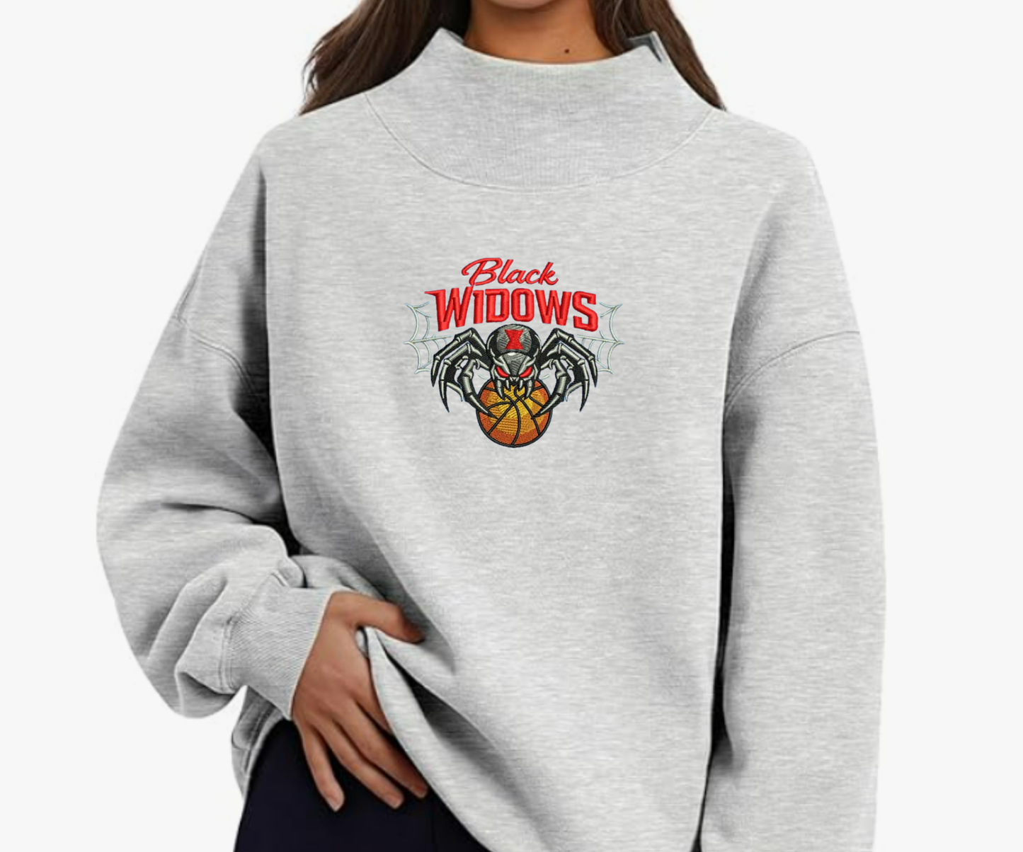 Embroidered Black Widows Mock Neck
