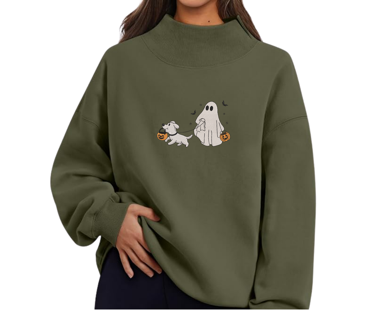 Embroidered Dog & Ghost Mock Neck OR Crewneck