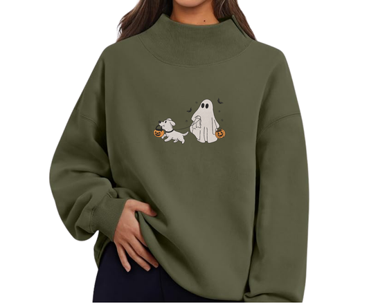 Embroidered Dog & Ghost Mock Neck OR Crewneck