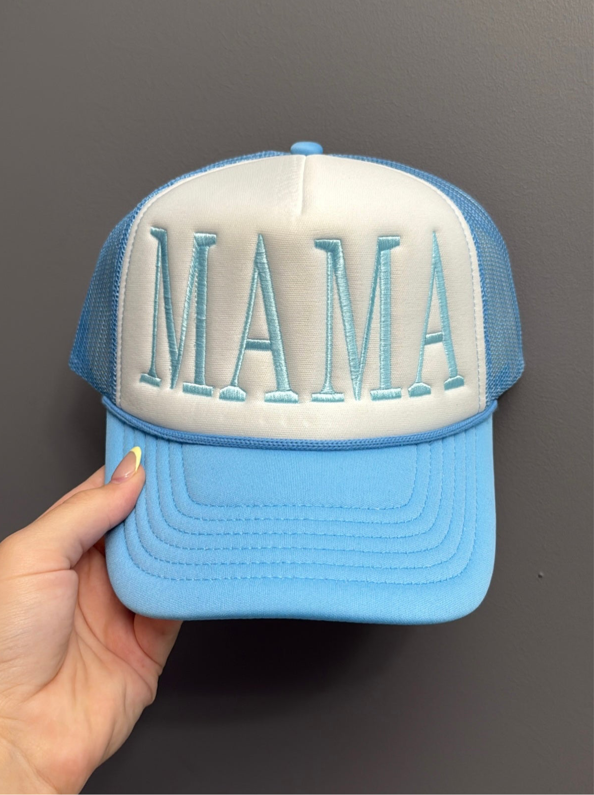 Embroidered Light Blue Mama Foam Trucker Hat
