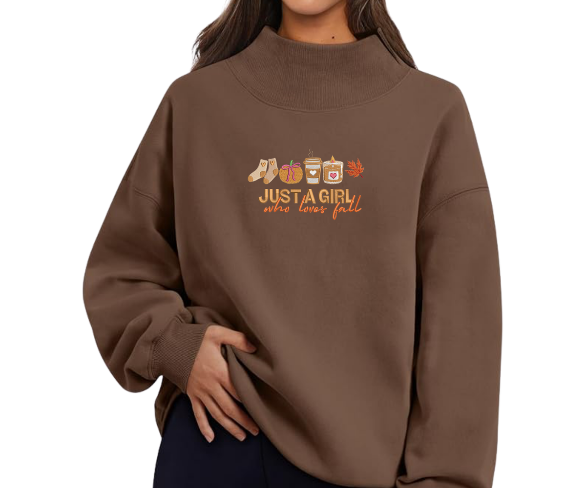 Embroidered Just A Girl Who Loves Fall Crewneck OR Mock Neck